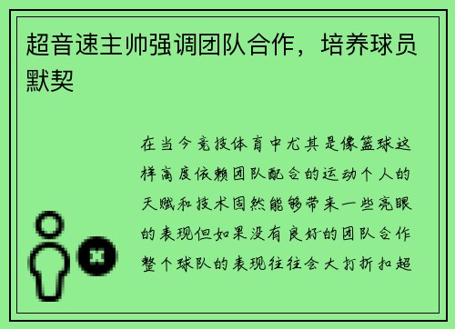 超音速主帅强调团队合作，培养球员默契